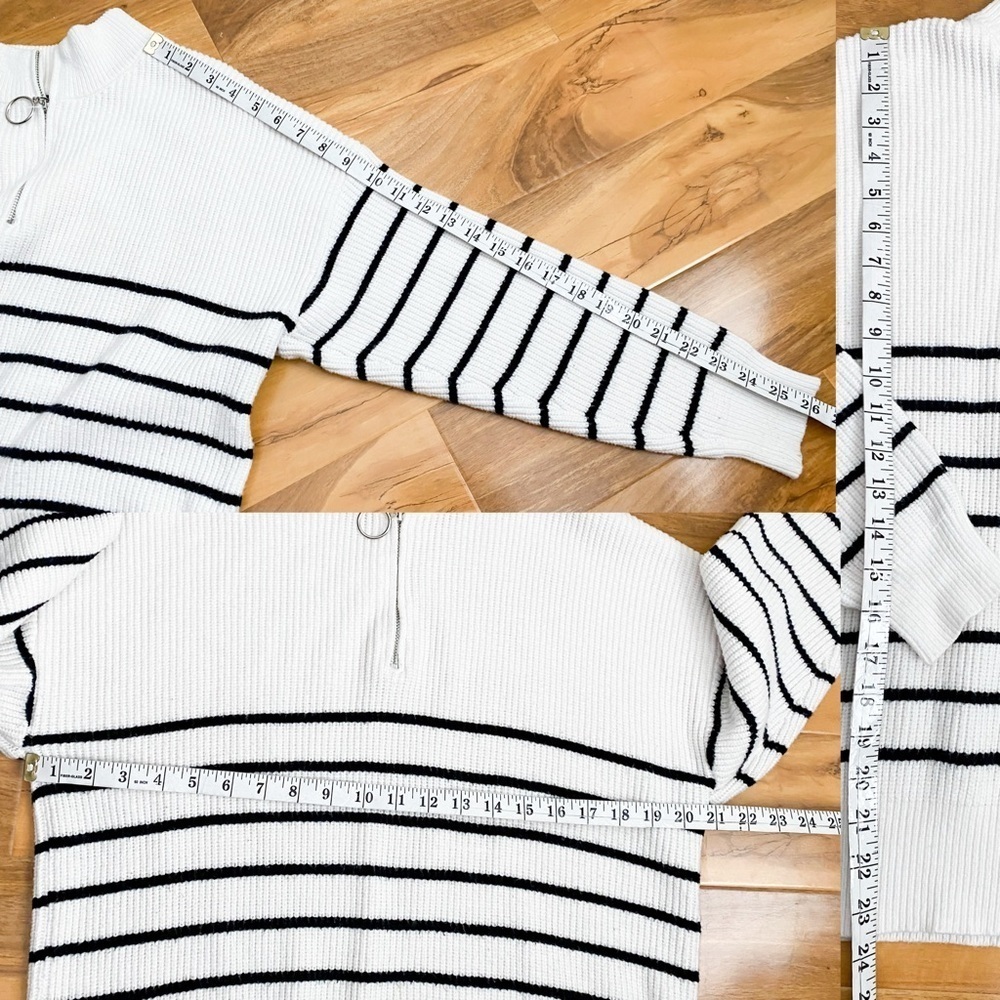 Striped White Black Knit Sweater Quarter Zip Relaxed Fit Sailor Minimalist Cozy - Picture 10 of 10